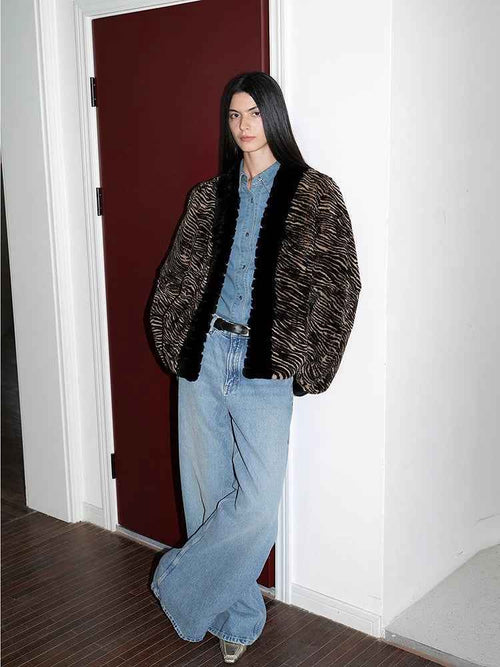 "Multiple Stripes" Retro Personalized Stripe Print Delicate V-Neck Rex Rabbit Fur Jacket Firelady Fur