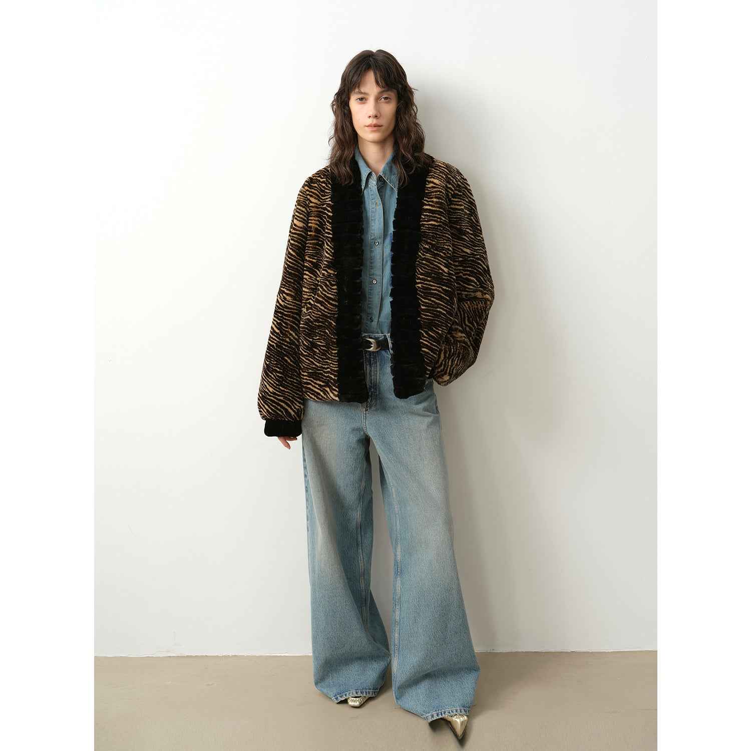 "Multiple Stripes" Retro Personalized Stripe Print Delicate V-Neck Rex Rabbit Fur Jacket Firelady Fur