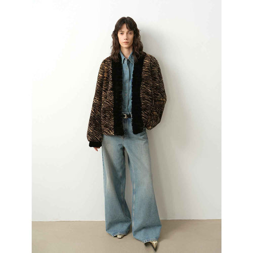 "Multiple Stripes" Retro Personalized Stripe Print Delicate V-Neck Rex Rabbit Fur Jacket Firelady Fur