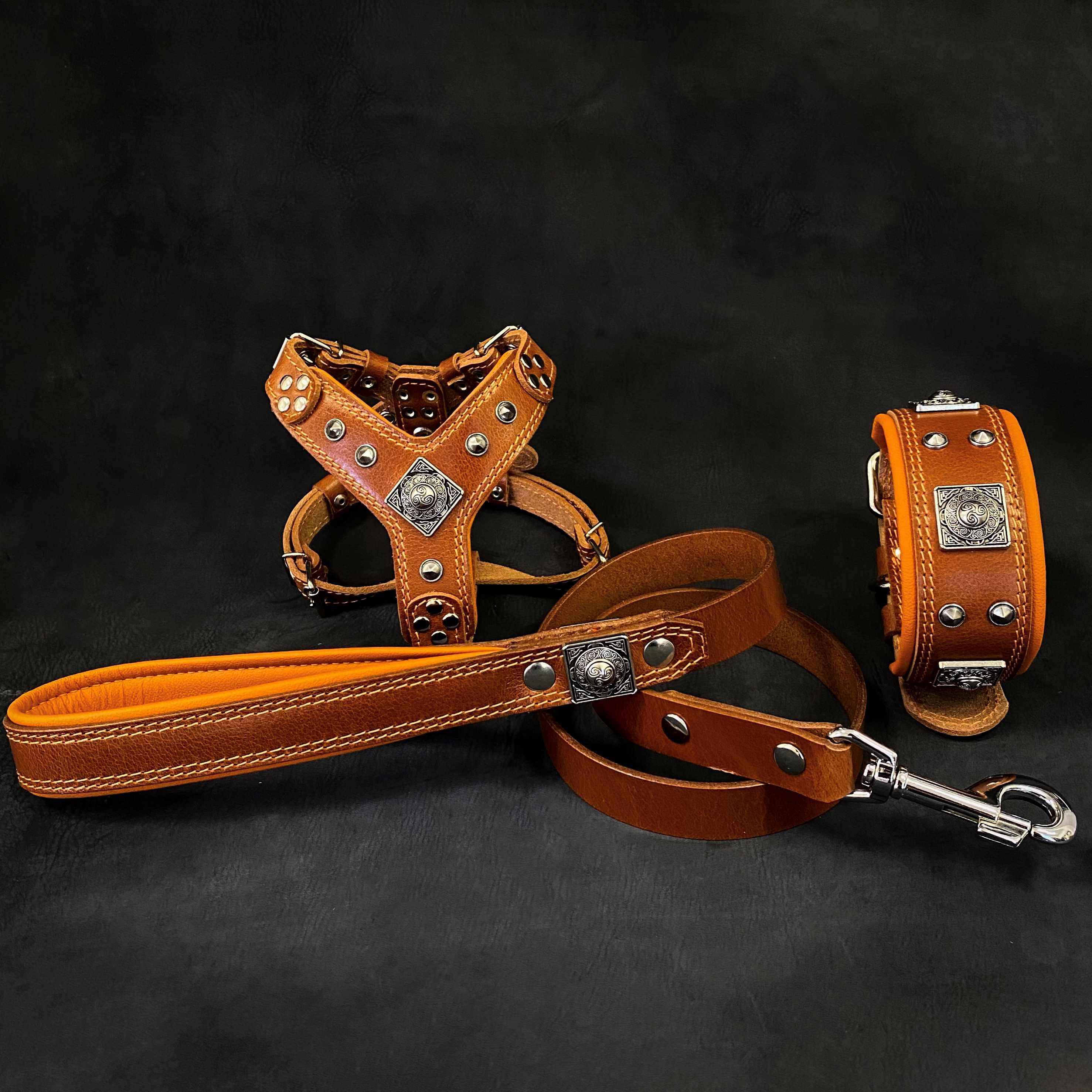 "EROS" Small to Medium dog SET - Harness - collar - lead. Brown BESTIA